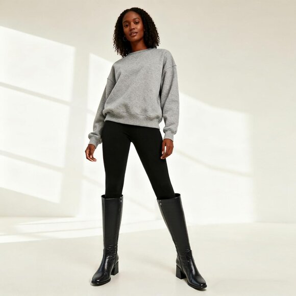 Women's Black Faux Leather Tall Block Heel Knee High Boots with Side Zipper and - Picture 2 of 7